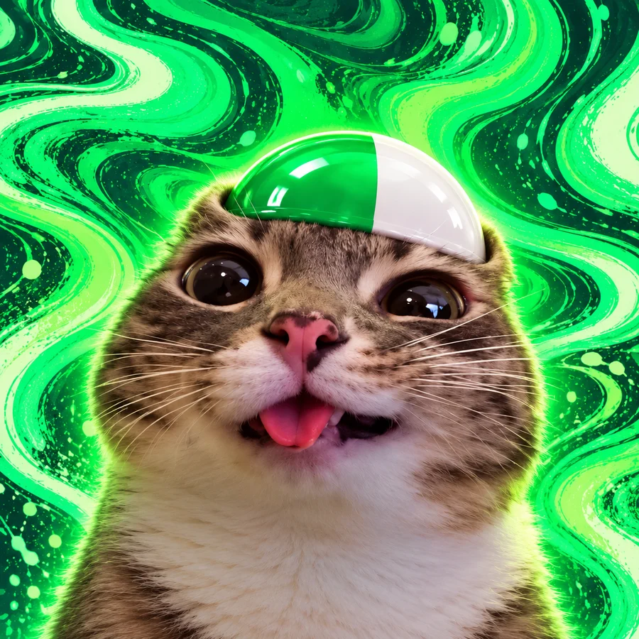 PUPCAT smiling with its tongue out on a swirling green background