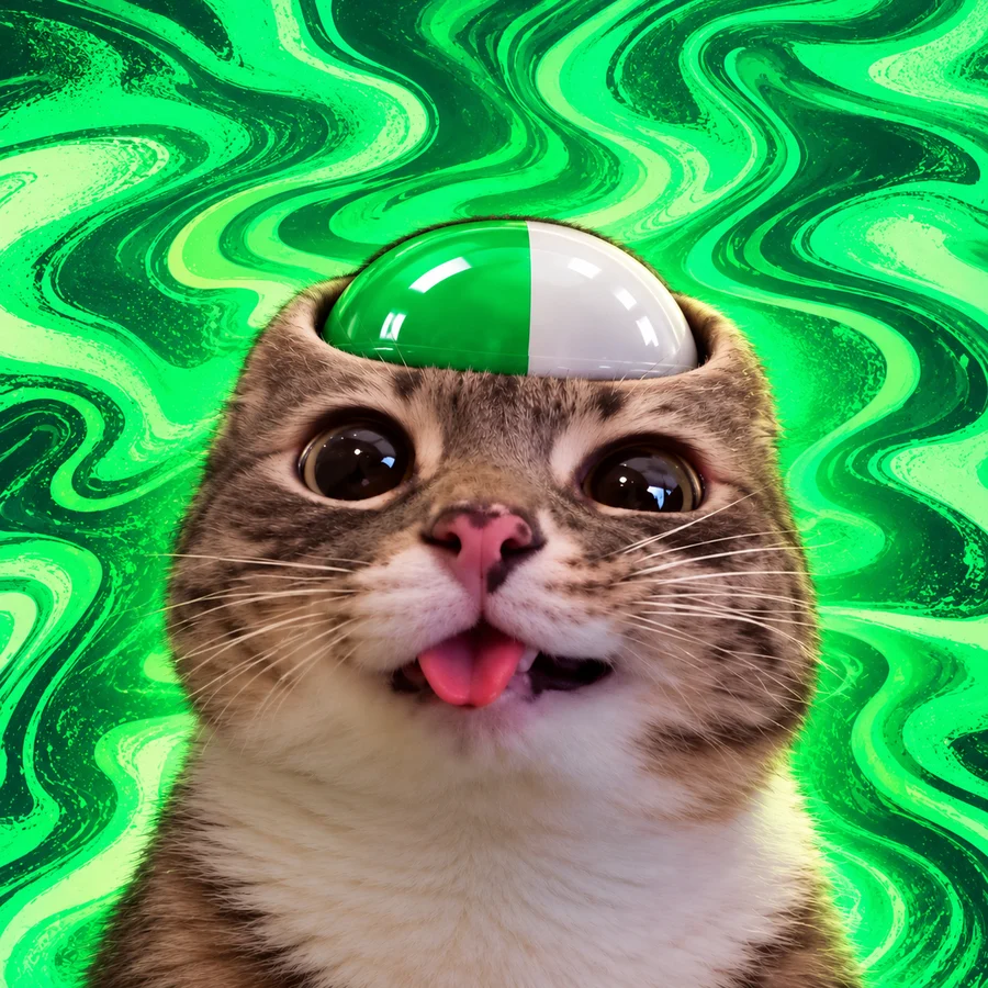 PUPCAT — a tabby cat with a green and white pill in its head