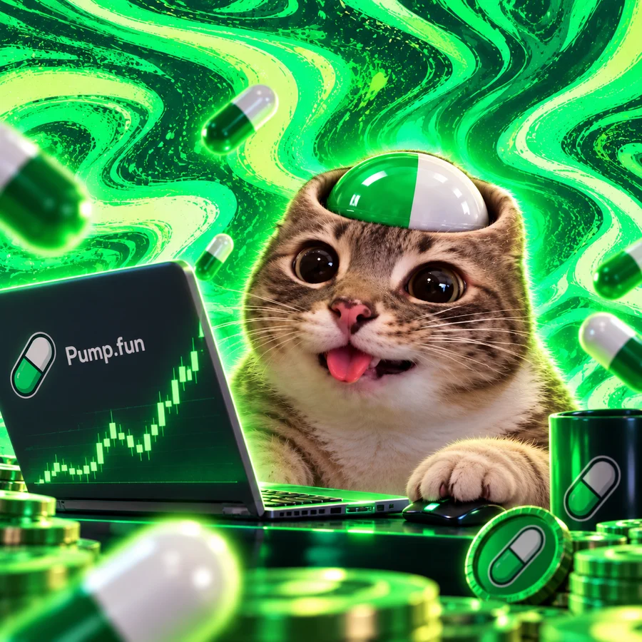 PUPCAT trading on a laptop with a green chart, pills flying around